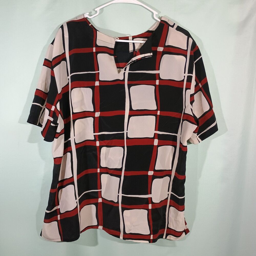 Women's Geometric Print Blouse Black Red White Short Sleeve V Neck Top